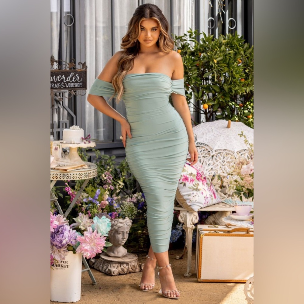 CLUB L LONDON Sage Bardot Ruched Draped Midi Dress